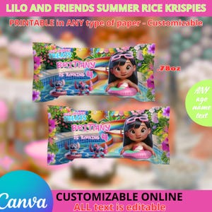Lilo and Friends Summer Birthday Party - Rice Krispies templete. Editable in CANVA