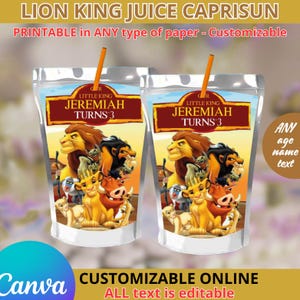 Op de afbeelding: Twee sapzakjes met een Lion King-thema. Elk zakje heeft de tekst "JEREMIAH TURNS 3" en illustraties van Simba, Mufasa en andere personages. De tekst "PRINTABLE in ANY type of paper - Customizable" is ook zichtbaar.