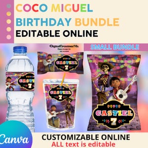 Coco Birthday 4 Party Favors, water bottle, chip, Rice Krispies and  juice labels. Edit yourself in CANVA.