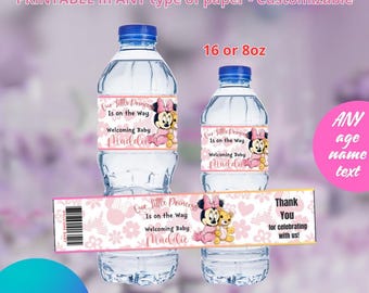 Minnie Mouse Baby Shower or birthday Water label templete. EDITABLE IN CANVA