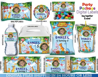 Labels Dinosaur Party Pack, water bottle, chip, candy bars, juice labels, thank you tags, bags and more. DIGITAL