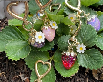 Iridescent Strawberry Keychain, Flower Charm, Heart Clasp