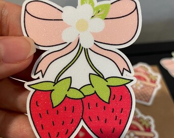 Strawberry Bow Sticker, Girly Pink Red, Waterproof Vinyl