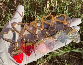 Beautiful strawberry heart keychain, keychain accessories, keycharm, iridescent strawberry charms