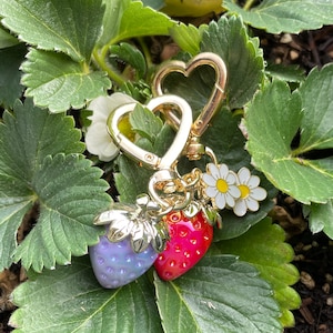 Puede incluir: Un llavero de encanto dorado con dos encantos de fresa, uno rojo y otro morado iridiscente, y un encanto de margarita blanca.