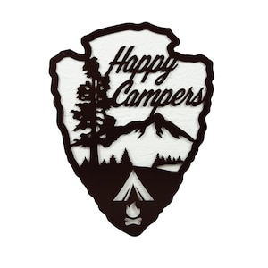 Happy Campers Arrowhead Metal Sign - Camping - RV&#39;ing - Mountains - Handmade - Plasma Cut - Hand Finished - Custom Home Decor