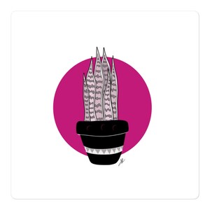 May include: Digital illustration of a snake plant in a black pot with a geometric design. The plant has pink and grey striped leaves, set against a magenta circle. The background is white. The pot is a decorative item.