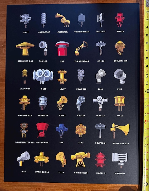 Tornado Siren Poster. The ultimate tornado siren poster featuring 36 different tornado sirens. 18” x 24” on premium matte 14pt paper.