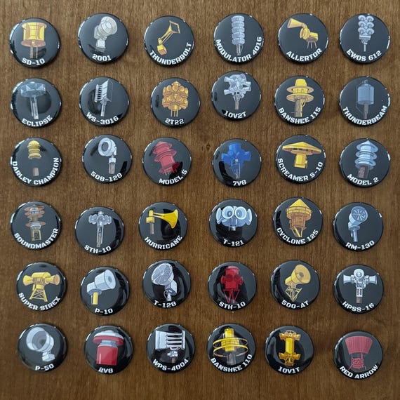 1.5” round Tornado Siren magnet packs! Available in packs of 6 or entire pack of 36. Collect all these tornado siren button magnets.
