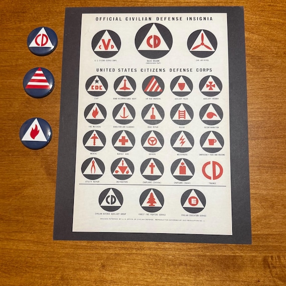 U.S. Civilian Defense Insignia Poster and button magnets of your choice. Great addition for your Air Raid Siren enthusiasts.
