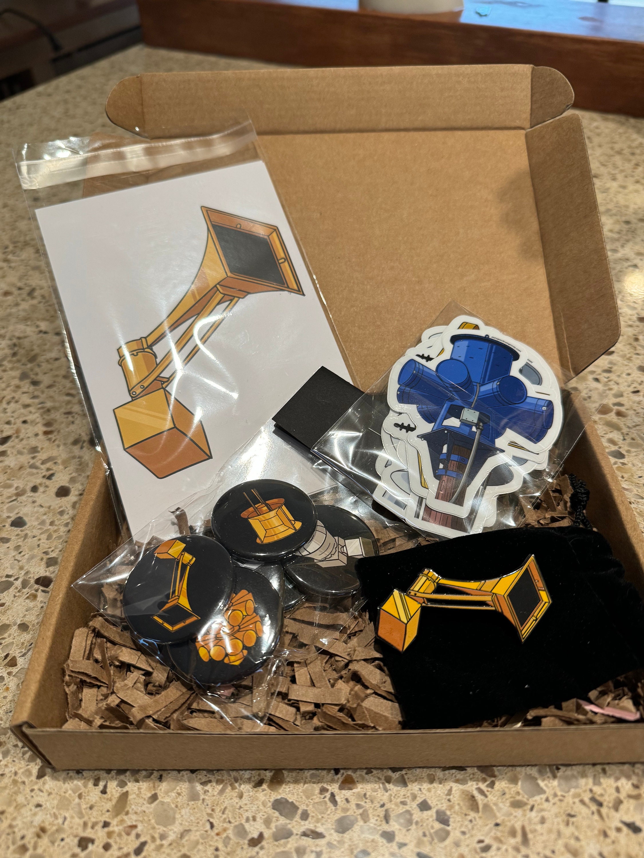 Tornado Siren Gift Box for tornado siren enthusiasts includes siren postcards, stickers of tornado sirens, & enamel pin of Thunderbolt Siren