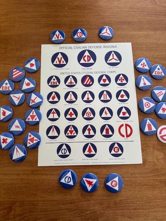 U.S. Civilian Defense Insignia Poster and button magnets of your choice. Great addition for your Air Raid Siren enthusiasts.