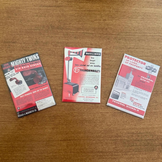 Tornado Siren Vintage advertisement magnets. All three magnets included. Awesome gift for siren enthusiasts.