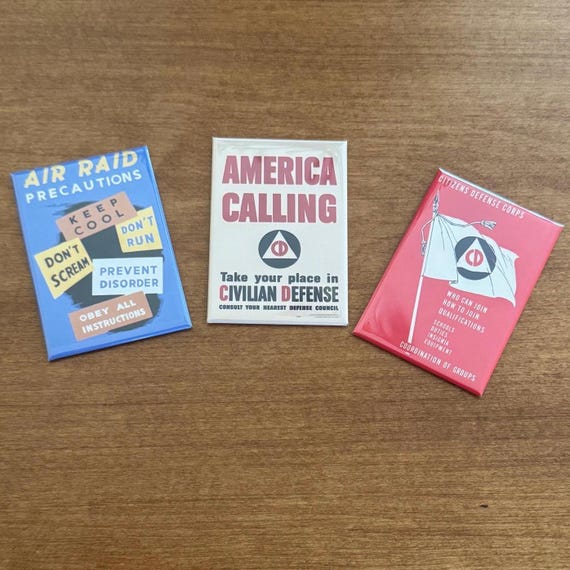 Civil Defense vintage advertisement magnets. All three magnets included. Awesome gift for civil defense enthusiasts.