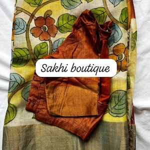 pure tusser silk kalamkari print saree with stitched blouse