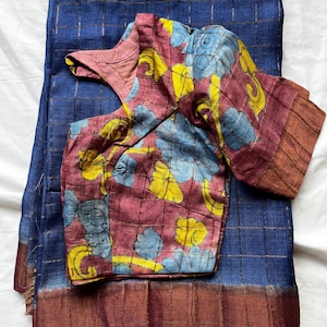 pure tusser silk kalamkari print saree with stitched blouse