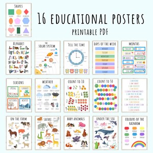 Pósteres educativos para niños, juego de 16 impresiones, pósteres para guarderías y salas de juegos, gráficos imprimibles, pósteres de aprendizaje coloridos, arte mural para niños