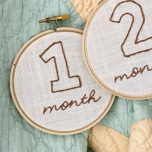 May include: Two white fabric circles with brown embroidery. The first circle has the number "1" and the text "month". The second circle has the number "2" and the text "month".