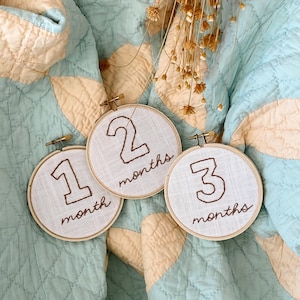 May include: Three embroidered hoop ornaments with the numbers 1, 2, and 3, each with the word "month" or "months" written below. The hoops are on a light blue and cream quilt.