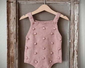Pink Baby Outfit, Knitted Baby Outfit, Mauve Baby Outfit, Outfit with Pom Poms, Textured Baby Outfits, Vintage Baby Clothing