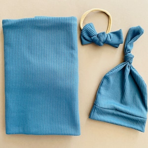 Blue Newborn Swaddle, Baby Swaddle Set, Newborn Photography Swaddle, Swaddle with Hat and Bow, Stretchy Baby Swaddles, Blue Swaddles