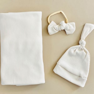 Cream Newborn Swaddle, Baby Swaddle Set, Newborn Photography Swaddle, Swaddle with Hat and Bow, Stretchy Baby Swaddles, Beige Swaddles