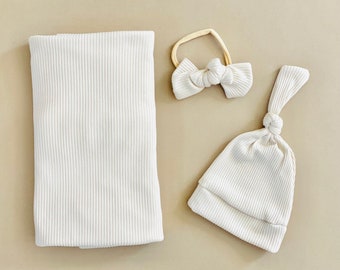 Cream Newborn Swaddle, Baby Swaddle Set, Newborn Photography Swaddle, Swaddle with Hat and Bow, Stretchy Baby Swaddles, Beige Swaddles