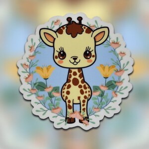 Cute Kawaii Giraffe with Pastel Flowers Sticker - Water-Resistant Matte, Water-Resistant Holographic, or Glitter Sticker Options
