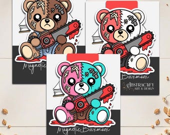 Marcapáginas de osito de peluche con motosierra: un accesorio de lectura kawaii y espeluznante