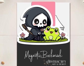 Marcapáginas de la Parca con Rana: Accesorio de lectura Kawaii Gothic Chibi