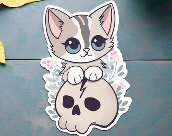 Cat with Skull Sticker: Halloween Kawaii Design