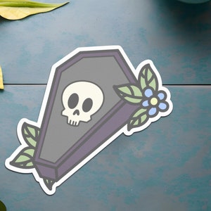Floral Coffin Sticker | Gothic Skull and Flowers Design | Spooky Cute Vinyl Sticker for Planners and Laptops