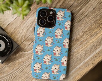 Funda para teléfono con diseño de dragón chibi bebiendo té