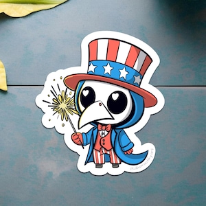 May include: A sticker featuring a cartoon plague doctor character dressed in patriotic attire. The character wears a red, white, and blue Uncle Sam hat and holds a sparkler. The design includes a blue coat, red vest, and striped pants.