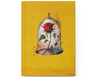 May include: A hardcover journal with a vibrant yellow cover. The cover features a watercolor illustration of a red rose encased in a glass bell jar. The design evokes a fairytale theme, with artistic details and a whimsical aesthetic.