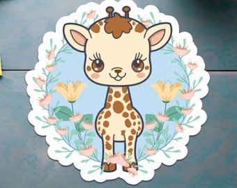 Giraffe with Flowers Sticker: Kawaii Safari Animal Design
