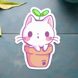 Kawaii Plant Kitty Sticker | Cute Cat in Flower Pot Design | Durable Vinyl Sticker for Plant Lovers, Journals, Laptops, and Water Bottles