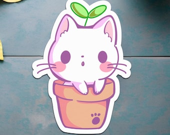 Cat Plant Sticker: Kawaii Kitty in Flower Pot Design
