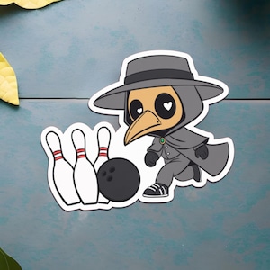 Kawaii Plague Doctor Bowling Sticker: Funny Medieval Decal