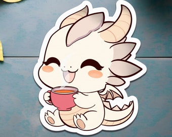 Pegatina de dragón feliz bebiendo té: diseño de dragón chibi