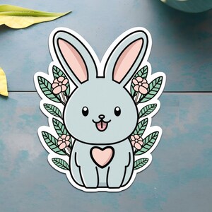Kawaii Bunny Sticker | Cute Rabbit with Heart and Floral Design | Adorable Bunny Sticker for Laptops, Water Bottles, and Planners