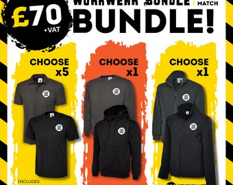May include: A workwear bundle deal for £70 + VAT. Choose 5 polo shirts, 1 sweatshirt, and 1 fleece jacket. Includes embroidered left chest logo and logo set-up fee. Mix and match colors and sizes.