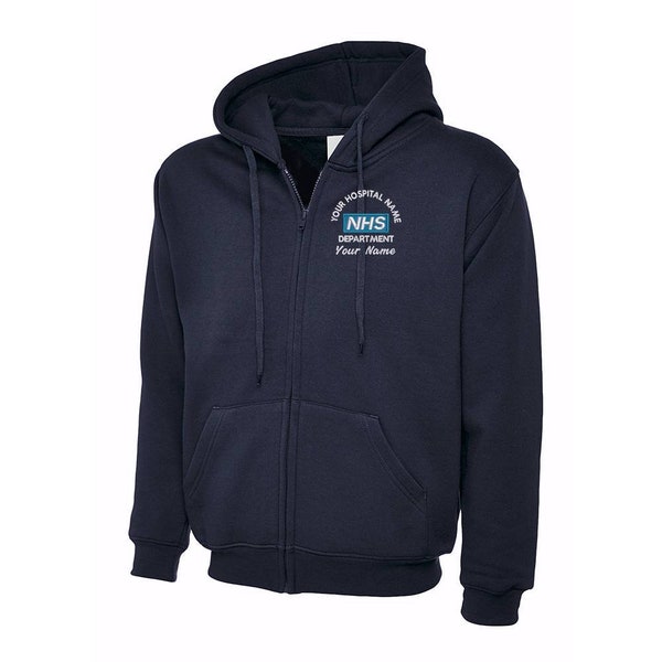 NHS Hoodie Custom NHS Logo Design Full Zip Hoodie Staff Uniform Zip Hoodie Personalised NHS Embroidered Hoodie with Logo & Text