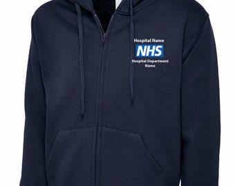 NHS Hoodie, Zip hoodie Personalised with embroidered logo. Add Personalised text for free