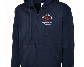 NHS Hoodie, Mental Health Zip Hoodie Personalised with embroidered logo. Add Personalised text for free