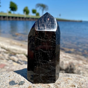 Black Obsidian with Red Hematite Crystal Tower - Protection Stone - Aura Crystal - Emotional Healing Stone - Stress Stone - from Brazil