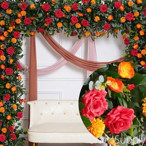 Custom Flower Row Arrrangement Outdoor Wedding Decor,Red Orange Rose Eucalyptusv Leaf Artificial Floral Row Arch,Party Event Home backdrop