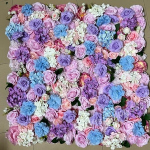 Artificial Flower Wall Rose Hydrangea Square Panel Blue Purple Mix Color Backcrop Wall for Event Decor/Wedding Decor/Party Decor/Home Decor