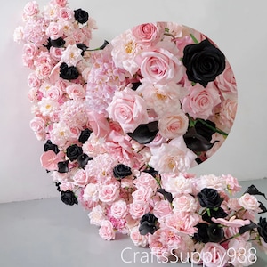 Baby Pink Black Rose Table Runner Artificial Flower Row,Wedding Table Centerieces,Wedding backdrop Flower Row,Wedding Birthday Party Deccor