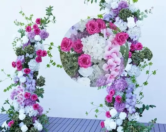 White Purple Green Hydrangea Rose Artificial Floral Wedding Arch,Flower Row Arrrangement Wedding Pillars Flower,Party Decor Flower Horn Arch